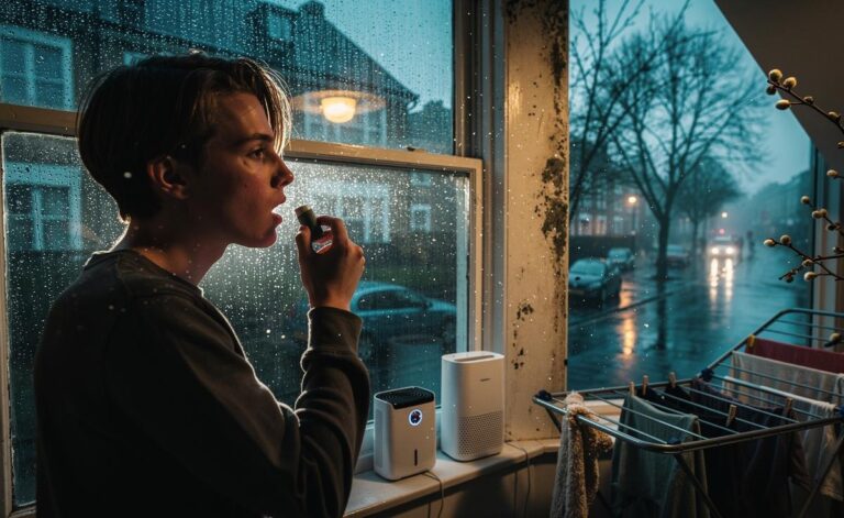 Illustration of a warmer UK winter in 2026 and its health impacts, including respiratory risks, damp-related mould, early pollen, and indoor air quality concerns