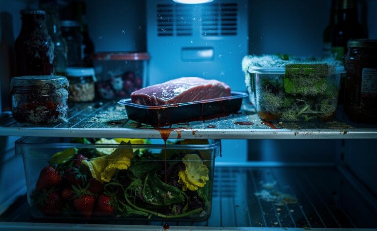 Illustration of a neglected fridge interior with mouldy produce, raw juice drips, sticky shelves, and blocked airflow, revealing the health risks of skipping monthly cleaning