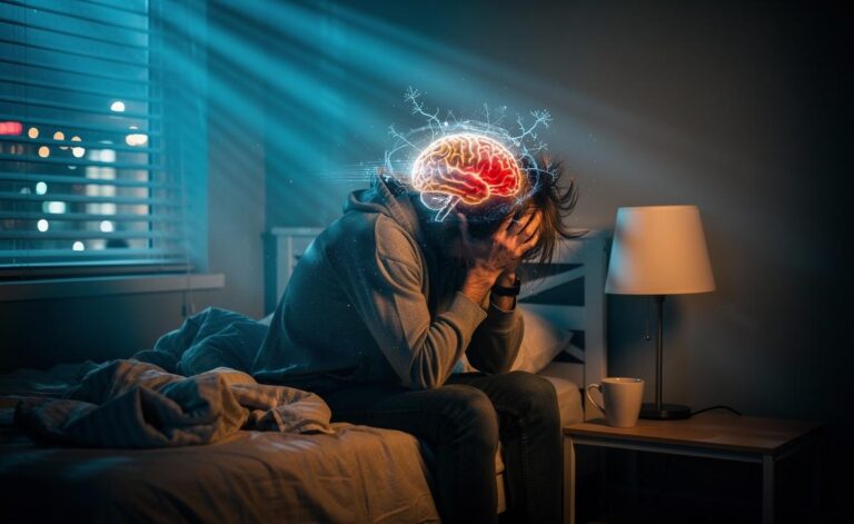 Illustration of the sleep-deprived brain and its impact on cognition, mood, and decision-making