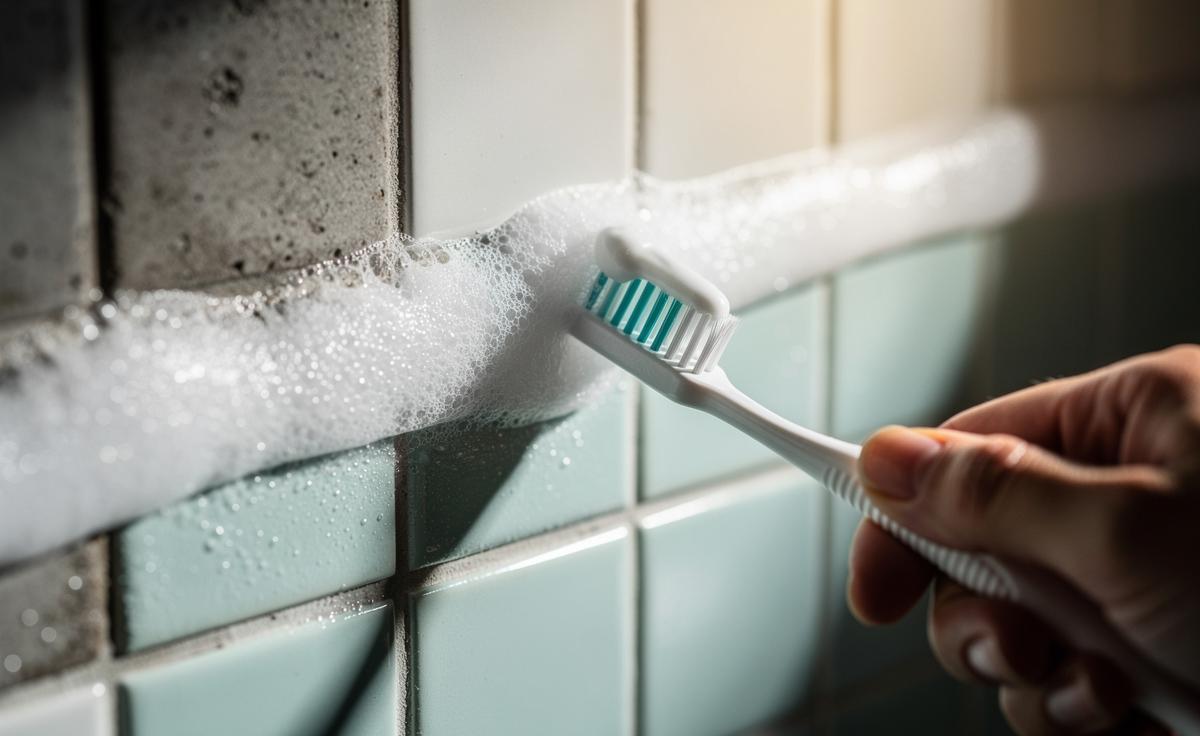 Illustration of toothpaste being scrubbed into tile grout with a toothbrush to restore whiteness in seconds