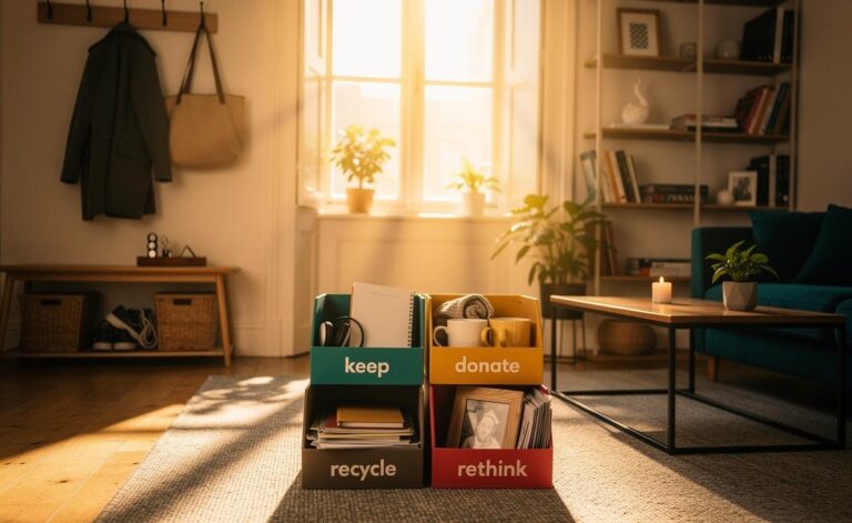 Illustration of decluttering for stress-free living, featuring the Four-Pile Method, micro-zones, and a calm, organised home interior