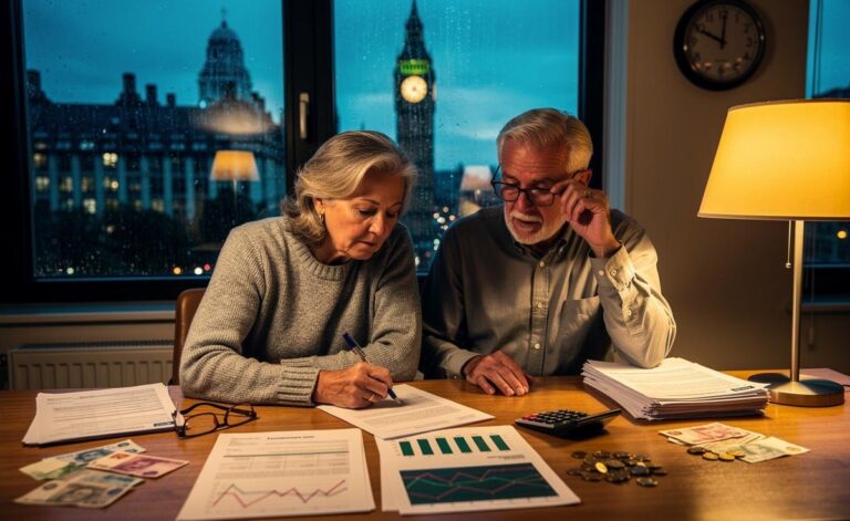 Illustration of a UK retiree reassessing a 2026 retirement plan amid inflation, interest rates, and tax rule risks