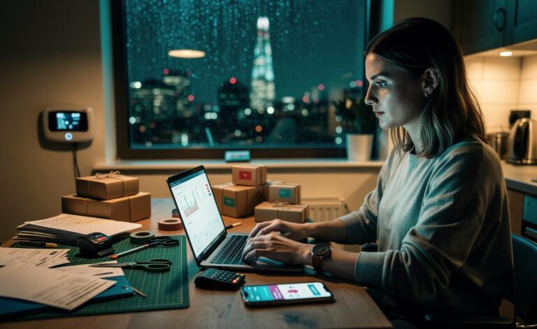 Illustration of UK workers in 2026 starting side hustles driven by rising living costs, tax allowances, and digital platforms with faster payouts