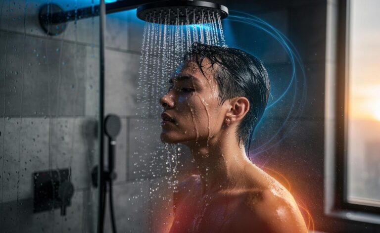 Illustration of a person taking a cold shower, highlighting the science behind its rising popularity