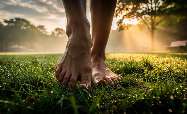 Illustration of a person walking barefoot outdoors