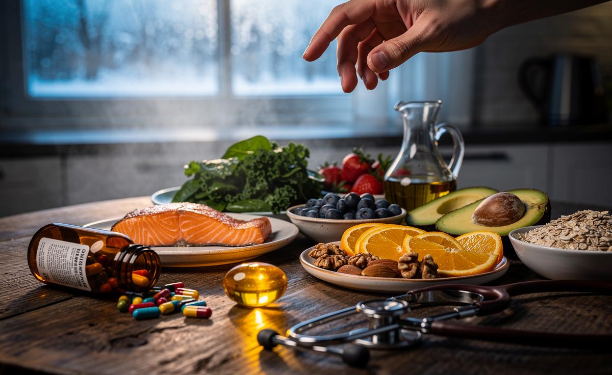 Illustration of new research challenging routine multivitamin use in favour of a food-first, targeted supplementation approach