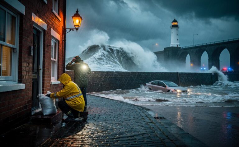 Illustration of Winter 2024 UK storms driven by the jet stream, bringing high winds, heavy rain, coastal surges, and flooding across western coasts and river catchments