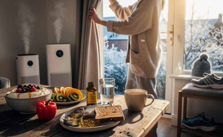 Illustration of winter health hacks to boost the immune system with vitamin D, smart nutrition, quality sleep, moderate exercise, vaccination, and clean indoor air