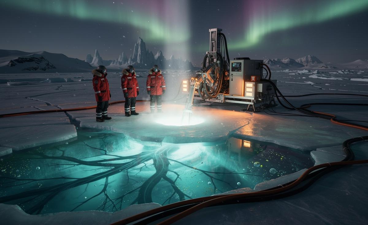 Illustration of an Antarctic subglacial river-lake network uncovered by clean drilling, showing active hydrology, chemosynthetic microbes, and methane oxidation