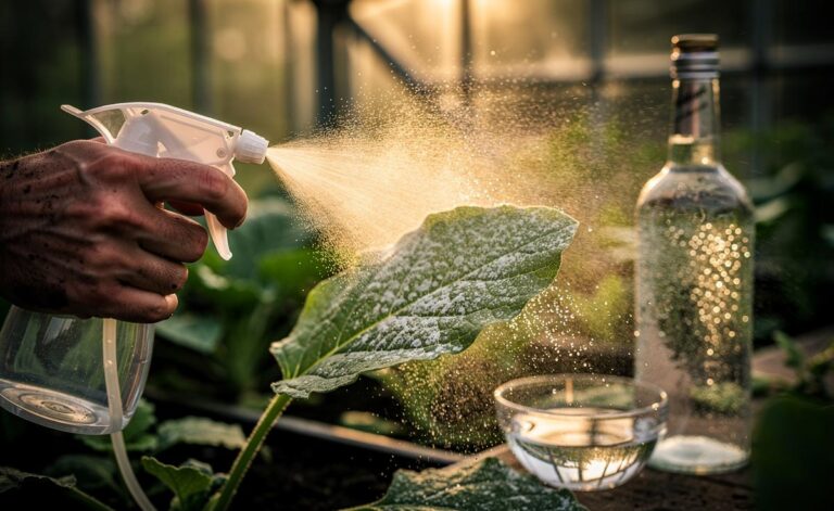Illustration of a hand-held sprayer applying diluted vodka to powdery mildew on plant leaves to halt infection growth