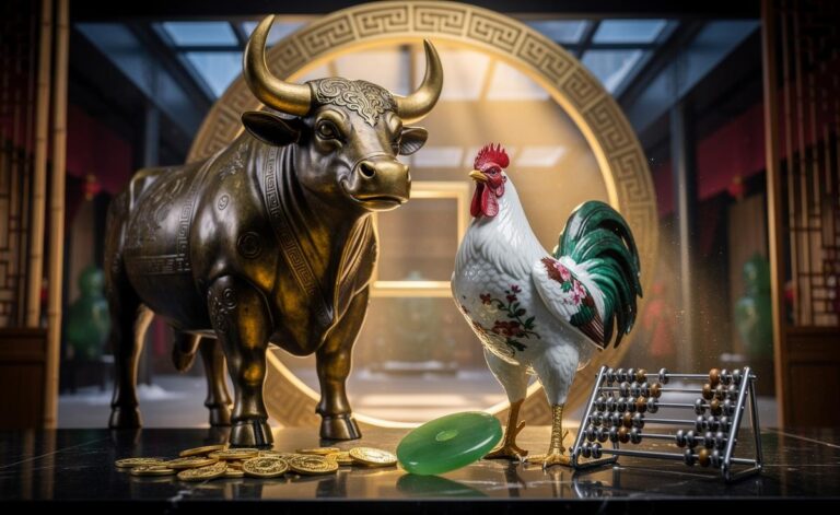 Illustration of two Chinese Zodiac signs, Ox and Rooster, entering a phase of wealth on January 8, 2026