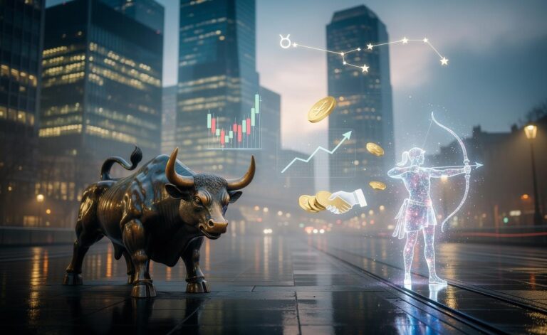 Illustration of Taurus and Sagittarius zodiac symbols with financial icons and a calendar marked January 2, 2026