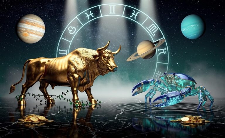 Illustration of Cancer and Taurus poised for prosperity and abundance from 5 January 2026 under supportive alignments of Jupiter, Saturn, and Uranus