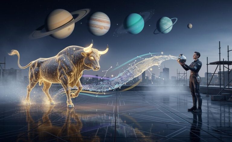 Illustration of Taurus and Aquarius zodiac symbols with Uranus in Taurus and Pluto in Aquarius, a calendar marked 7 January 2026, and visual cues of change and disciplined progress