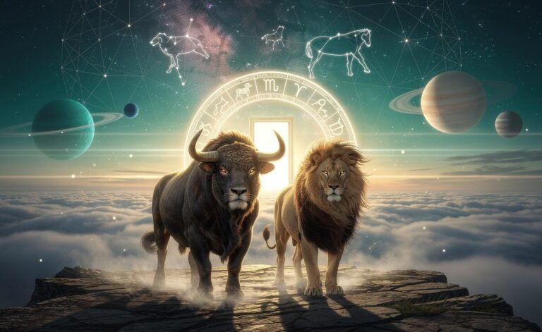 Illustration of Taurus and Leo entering a transformative phase on 5 January 2026 under Pluto in Aquarius and Uranus in Taurus