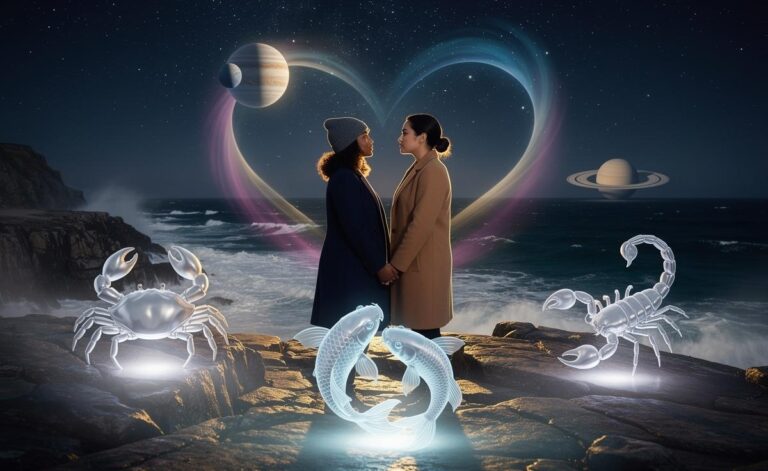 Illustration of three zodiac signs—Cancer, Scorpio, and Pisces—attracting genuine love from 8 January 2026, influenced by Jupiter in Cancer and Saturn in Aries