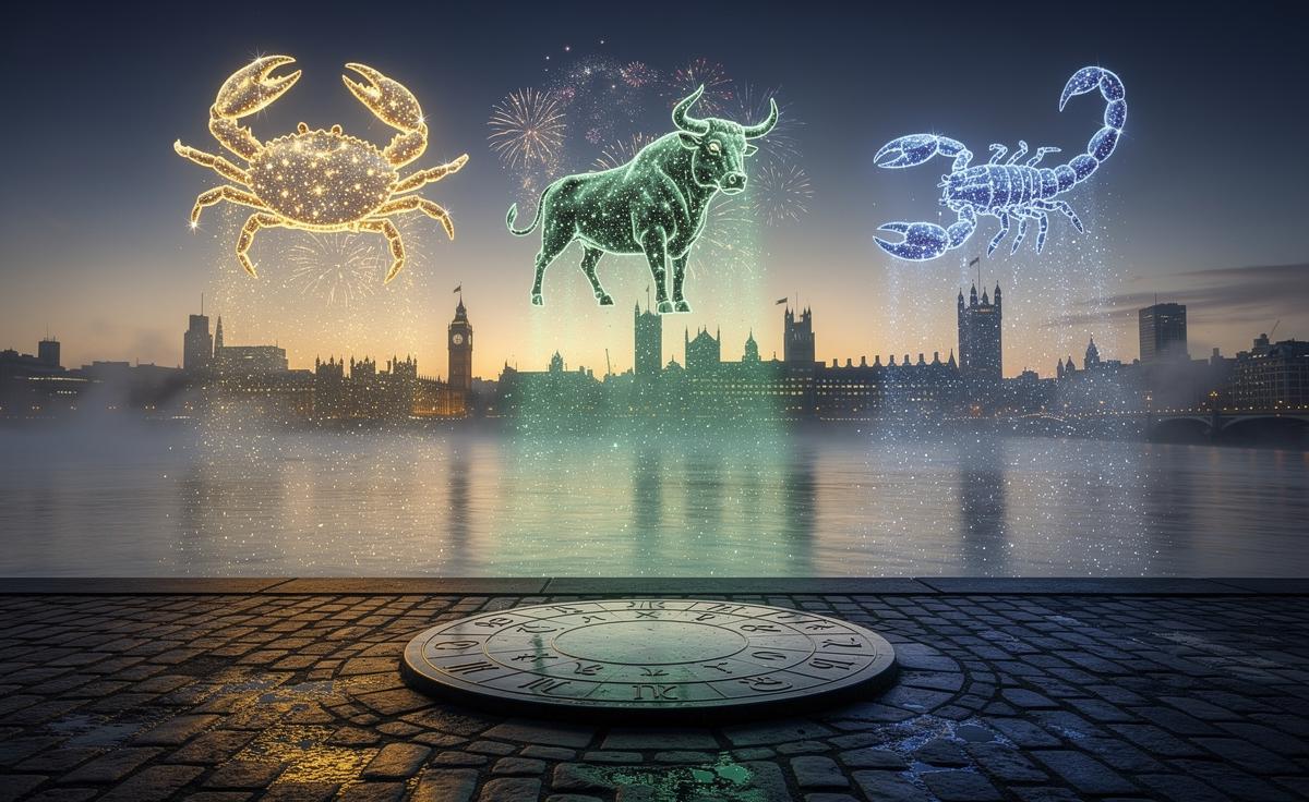 Illustration of Cancer, Taurus, and Scorpio attracting powerful luck and abundance on January 1, 2026