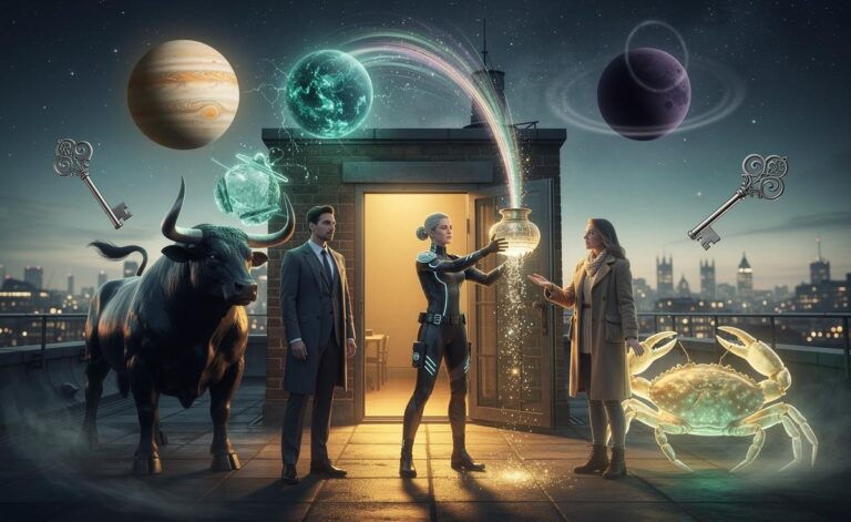 Illustration of three zodiac signs—Taurus, Aquarius, and Cancer—attracting unexpected opportunities on 1 January 2026