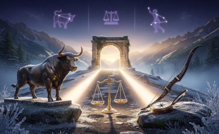 Illustration of three zodiac signs beginning a fortunate journey on 6 January 2026: Taurus, Libra, and Sagittarius