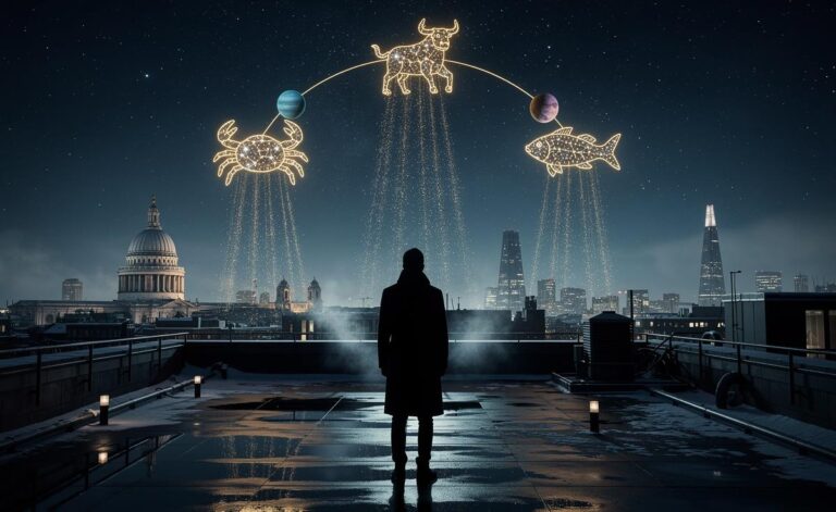 Illustration of three zodiac signs — Cancer, Taurus, and Pisces — beginning a phase of unprecedented luck on 5 January 2026