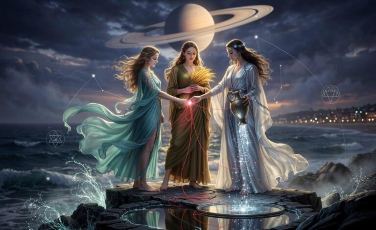 Illustration of Pisces, Virgo, and Aquarius strengthening relationships from now through 15 February 2026, with Saturn in Pisces, Pluto in Aquarius, and a Pisces–Virgo eclipse axis theme