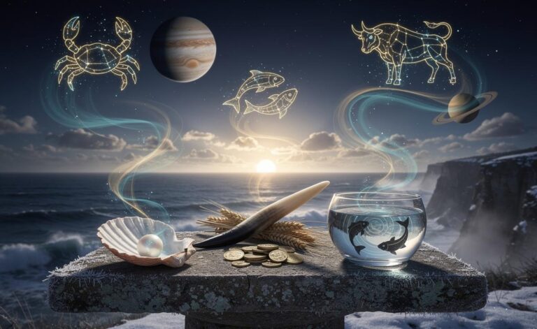 Illustration of Cancer, Taurus, and Pisces drawing major prosperity and abundance on 5 January 2026, aligned with Jupiter in Cancer, Saturn in Pisces, and the Capricorn Sun