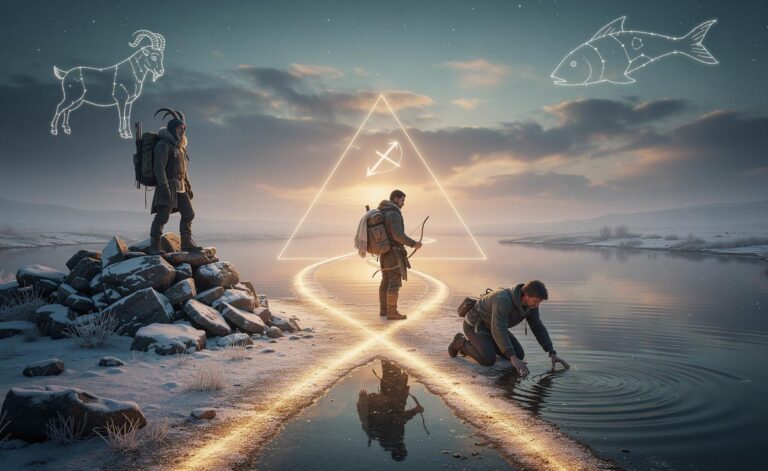 Illustration of three zodiac signs—Capricorn, Sagittarius, and Pisces—embarking on a new spiritual path on January 9, 2026