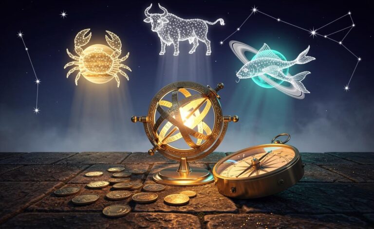 Illustration of the zodiac signs Cancer, Taurus, and Pisces highlighted for extraordinary fortune on 5 January 2026, with planetary symbols of Jupiter in Cancer, Saturn in Pisces, and Uranus in Taurus