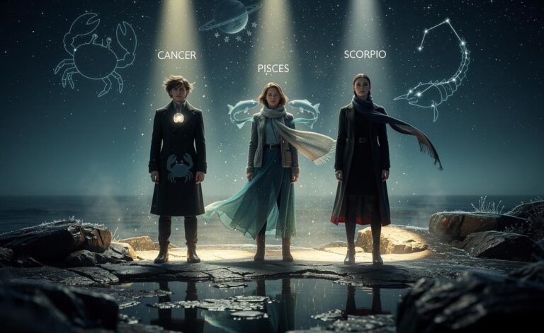 Illustration of Cancer, Pisces, and Scorpio receiving celestial gifts starting 8 January 2026