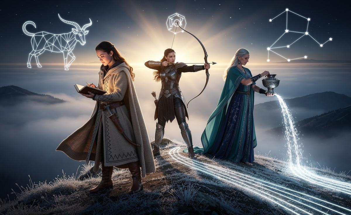 Illustration of Virgo, Sagittarius, and Aquarius releasing lingering doubts and gaining clarity on 2 January 2026 during Capricorn season