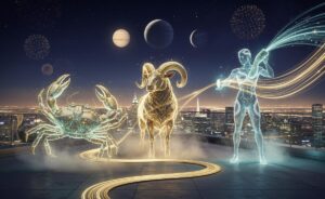 Illustration of the zodiac signs Cancer, Aries, and Aquarius stepping into a luckier timeline on 1 January 2026