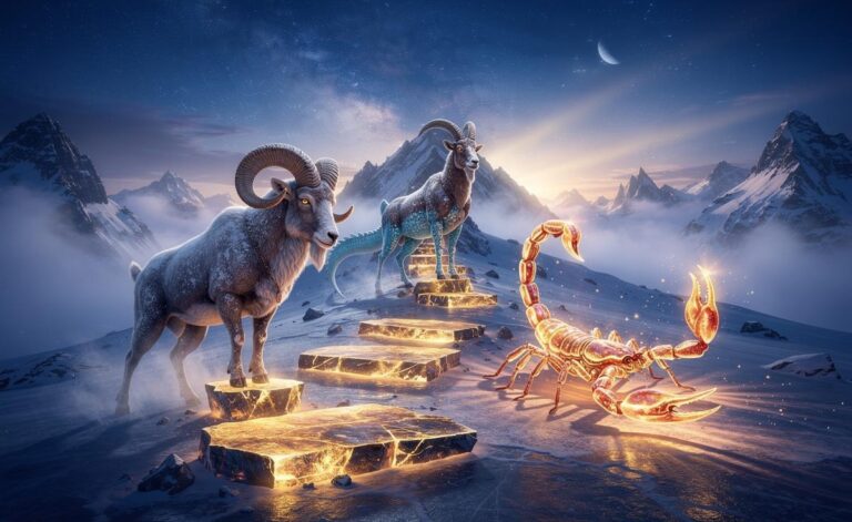 Illustration of three zodiac signs—Aries, Scorpio, and Capricorn—transforming past obstacles into progress on 7 January 2026
