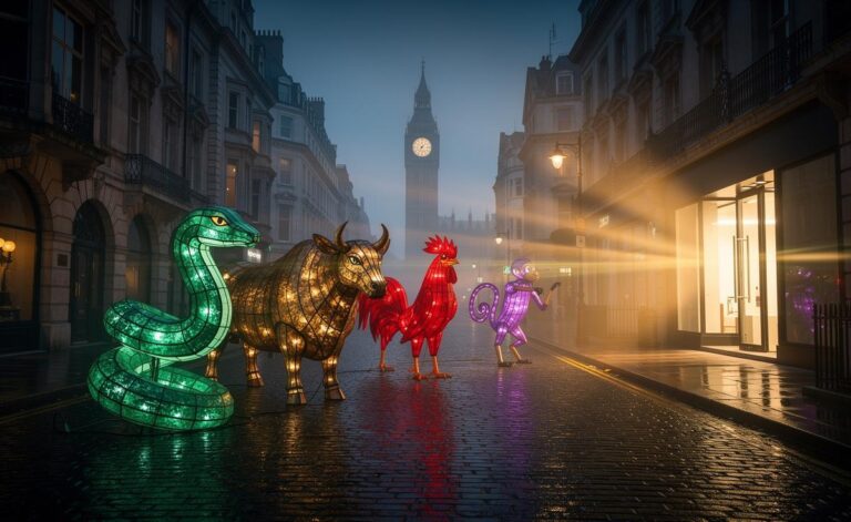 Illustration of the Chinese zodiac signs Snake, Ox, Rooster, and Monkey ushering in new opportunities on 8 January 2026