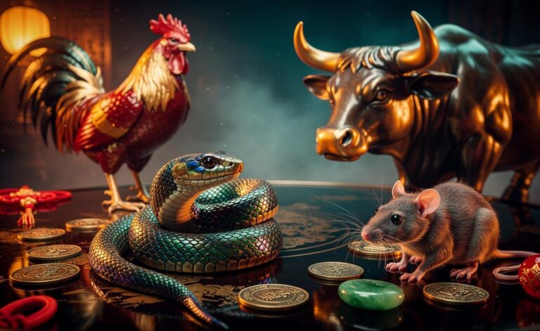 Illustration of the Snake, Ox, Rooster, and Rat Chinese zodiac signs highlighted for great fortune on 7 January 2026