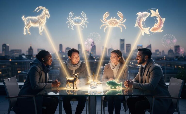 Illustration of the four zodiac signs Capricorn, Cancer, Libra, and Pisces attracting support and guidance on 1 January 2026