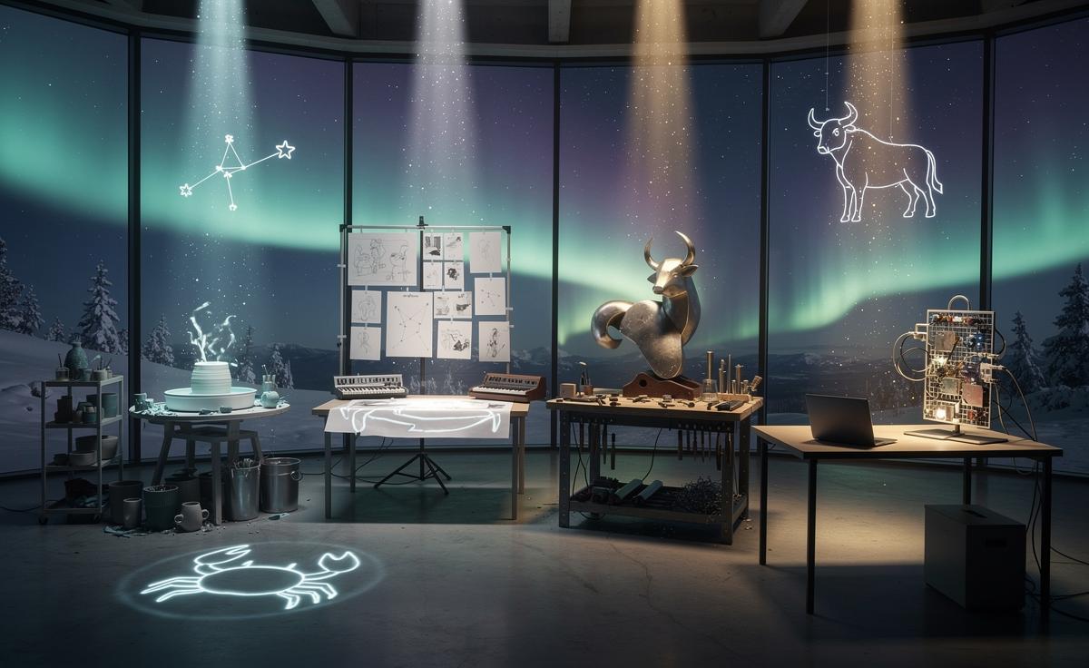 Illustration of four zodiac signs—Cancer, Pisces, Taurus, and Aquarius—experiencing a creativity boost on 9 January 2026