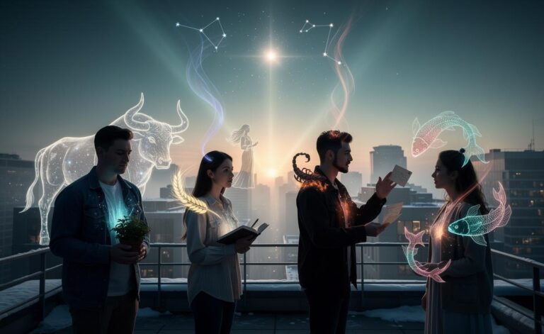 Illustration of four zodiac signs—Taurus, Virgo, Scorpio, and Pisces—experiencing a spiritual awakening on January 8, 2026