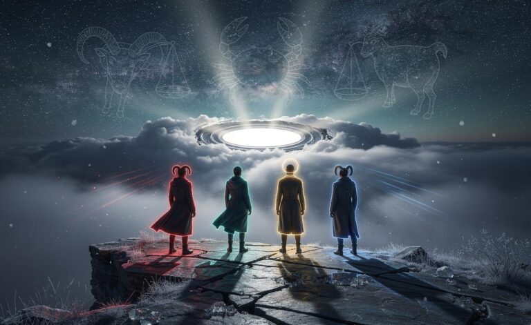 Illustration of Aries, Cancer, Libra, and Capricorn facing a divine challenge from the Universe on January 5, 2026