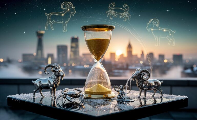 Illustration of four zodiac signs—Capricorn, Cancer, Aries, and Aquarius—manifesting long-term success starting January 1, 2026