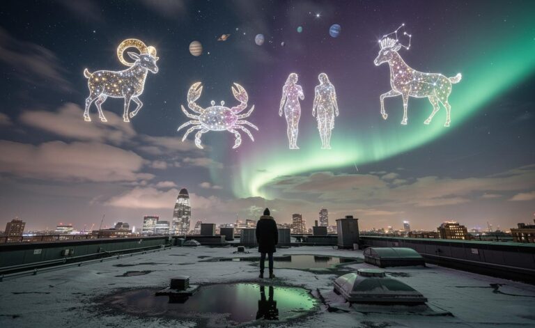 Illustration of four zodiac signs—Aries, Cancer, Gemini, and Aquarius—receiving a cosmic green light on 1 January 2026