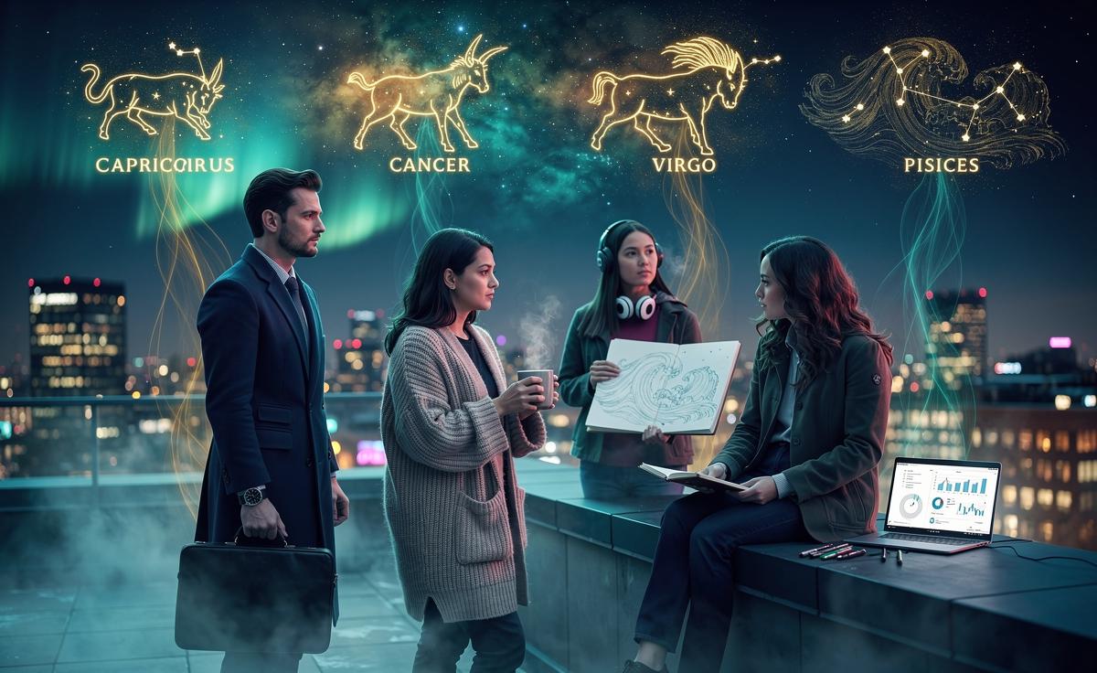 Illustration of four zodiac signs—Capricorn, Cancer, Virgo, and Pisces—receiving subtle signs from the universe on 2 January 2026