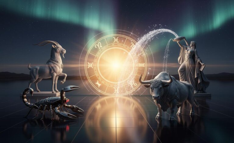 Illustration of the four zodiac signs—Capricorn, Scorpio, Aquarius, and Taurus—ushering in a transformative phase on January 8, 2026