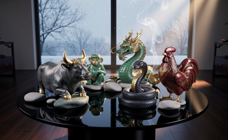 Illustration of five Chinese zodiac signs—Ox, Rooster, Monkey, Snake, and Dragon—finding balance and harmony on 9 January 2026
