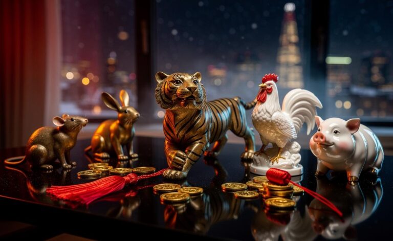 Illustration of five Chinese zodiac signs—Rat, Tiger, Rabbit, Rooster, and Pig—experiencing powerful fortune and luck on 8 January 2026