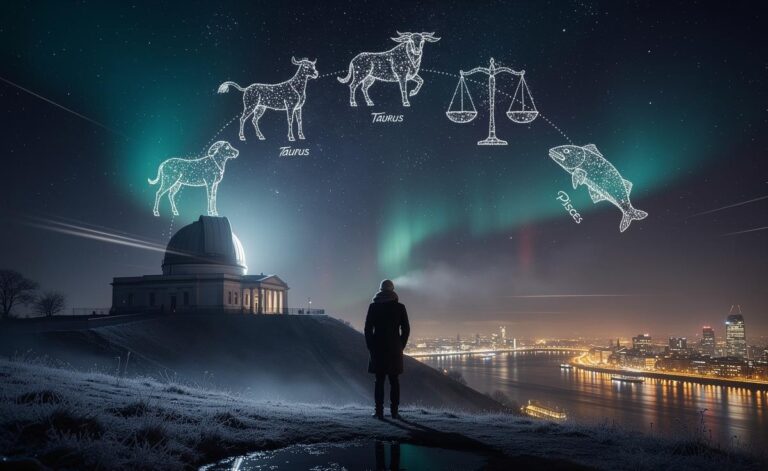 Illustration of the five zodiac signs—Aries, Taurus, Libra, Capricorn, and Pisces—aligning with the universe on 1 January 2026