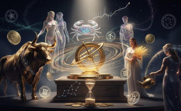 Illustration of five zodiac signs attracting financial prosperity from now until 20 February 2026