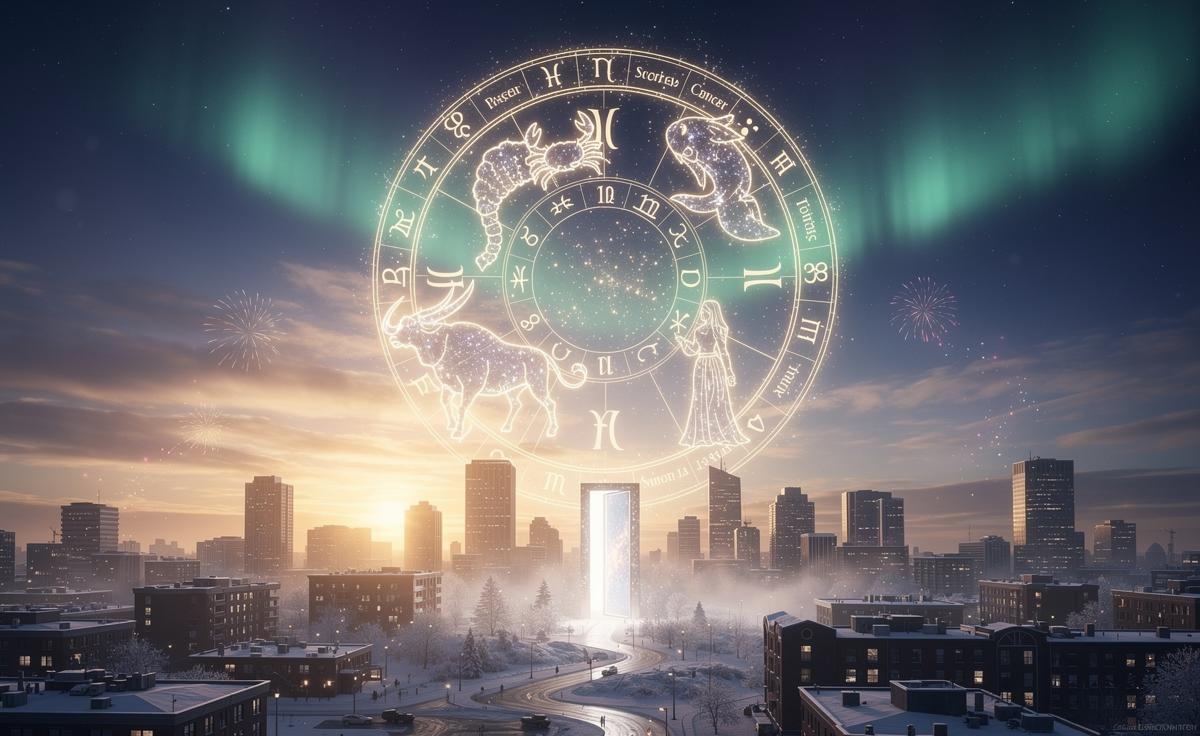 Illustration of the five zodiac signs Cancer, Scorpio, Pisces, Taurus, and Virgo starting a lucky new chapter on 1 January 2026