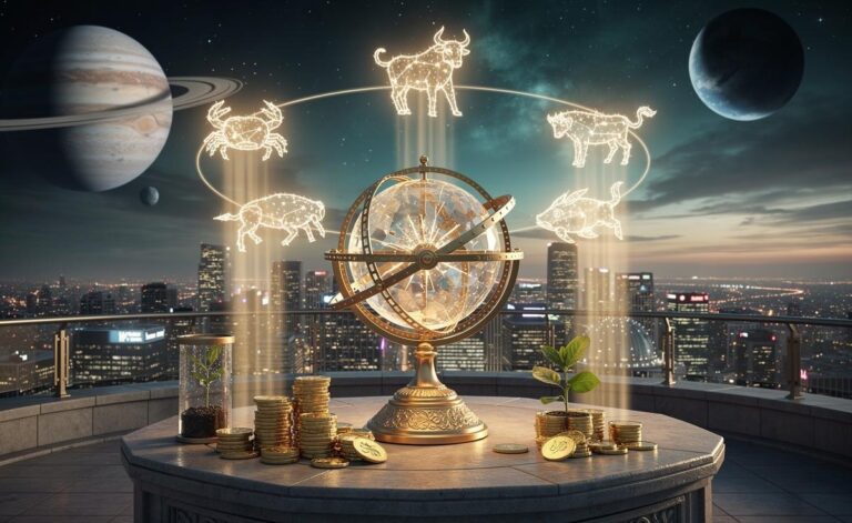 Illustration of five zodiac signs—Cancer, Taurus, Virgo, Scorpio, and Pisces—entering a new era of prosperity on January 7, 2026