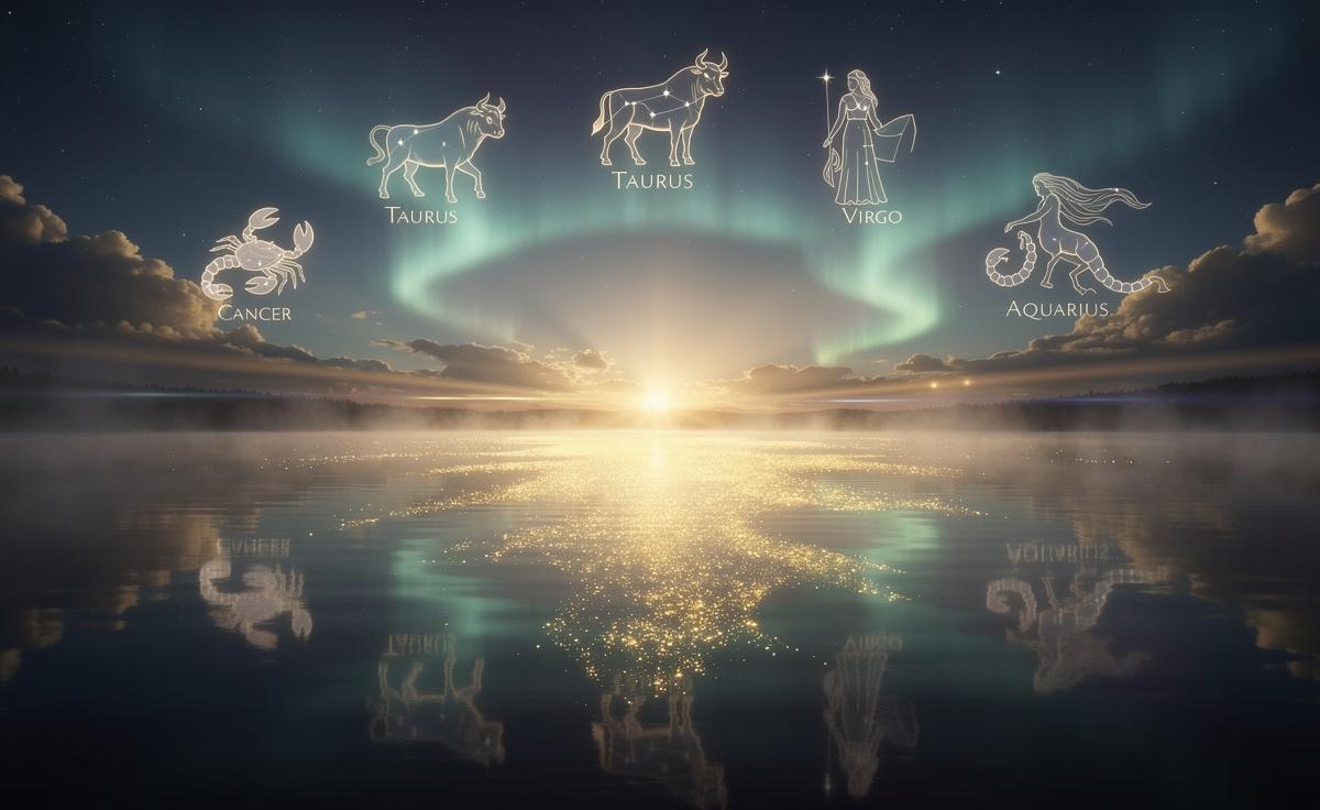 Illustration of five zodiac signs entering a period of abundance on 1 January 2026