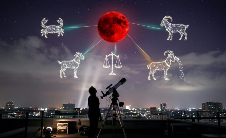 Illustration of the 8 January 2026 lunar eclipse and its astrological impact on Cancer, Capricorn, Aries, Libra, and Aquarius